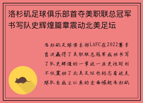 洛杉矶足球俱乐部首夺美职联总冠军书写队史辉煌篇章震动北美足坛 洛杉矶足球俱乐部首夺美职联总冠军书写队史辉煌篇章震动北美足坛